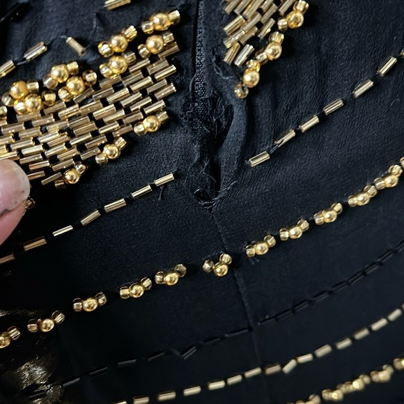 Nite Line Sz 10 Black Silk Gold Bugle Beaded Full Length Side Slit Dress Gown - Picture 14 of 16